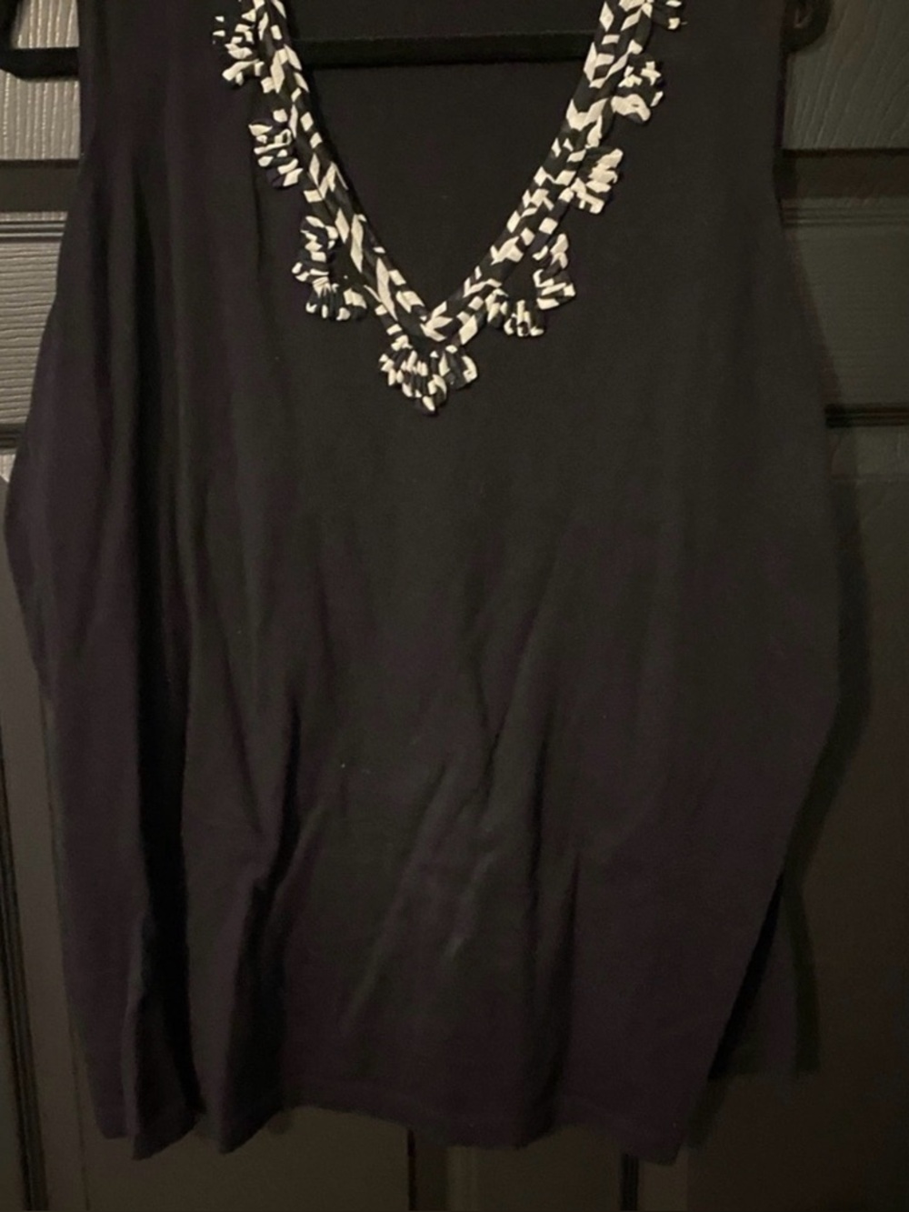 Black Tank Top with White Embroidered V-Neck